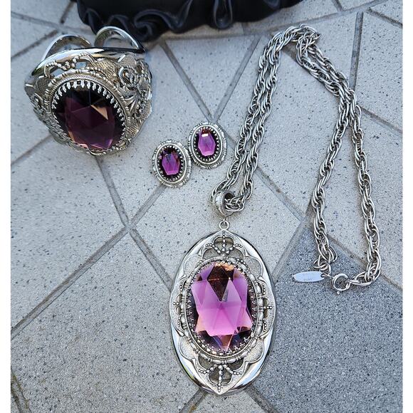 Whiting & Davis Victorian Revival Glass Filigree Statement Parure Signed Vintage - Picture 7 of 10